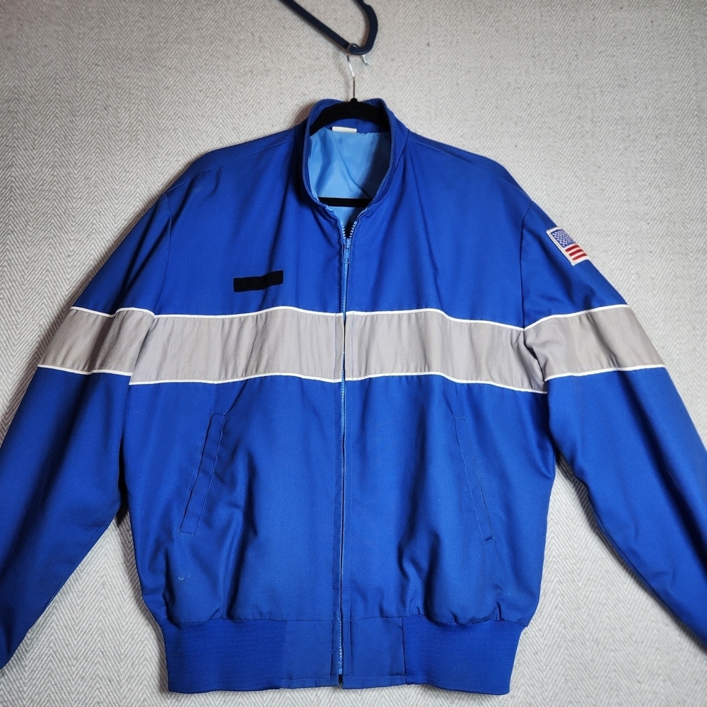 Vintage 80s Blue Pilot Aircraft Bomber Jacket Size M Reflective Gray Stripe Flag